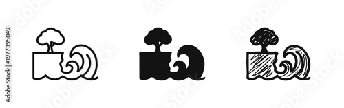 Coastal erosion and wave icon set with tree on land in line, solid, and hand-drawn sketch styles