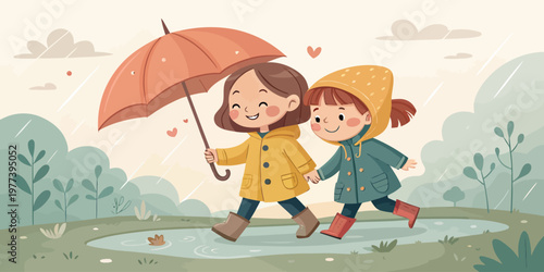 Two girls holding hands and walking under an umbrella in the rain with rainy day children umbrella childhood friendship illustration raincoat protection activity recreation childlike
