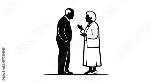 Elderly couple engaging in conversation depicted in a stark silhouette