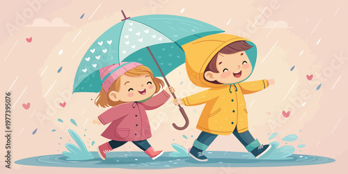 Two happy children in raincoats walking under an umbrella in puddles with rainy day sunny day children umbrella raincoat childhood splashing illustration together activities celebration