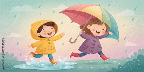 Two happy children playing and splashing in the rain with an umbrella child s play children splashing umbrella childhood illustration raincoat activity laughter cheerful recreation