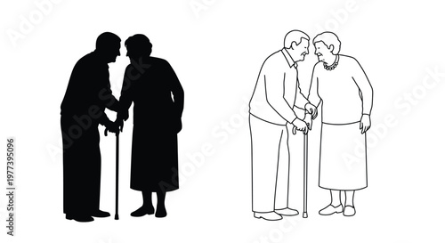 Elderly couples one in silhouette show a touching moment together