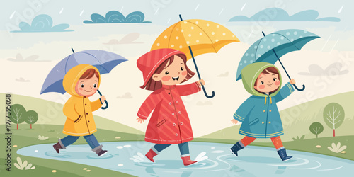 Three children with umbrellas walking in puddles on a rainy day children umbrella raincoat childhood splashing illustration together activities celebration happiness