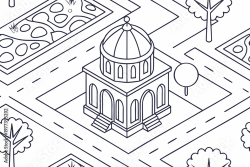 An isometric line drawing illustrates a domed building situated at the intersection of roads, surrounded by trees and patterned ground, suggesting a city planning concept.
