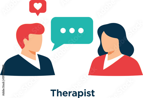 A vector graphic illustration of a therapist and client in conversation