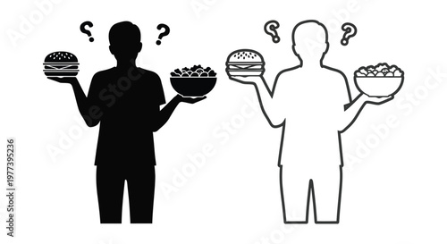 A difficult choice between burgers and salads depicted as a silhouette