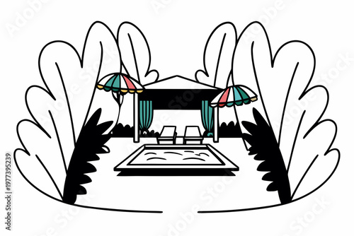 A stylish line drawing depicts a modern poolside oasis framed by large leaves, showcasing lounge chairs, umbrellas, and a covered cabana area.