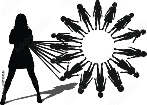 A vector graphic illustration of a woman controlling a group of people in a circular formation