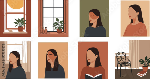 A vector graphic illustration of a woman in various moods and settings, depicted in a flat, minimalist style with a muted color palette.