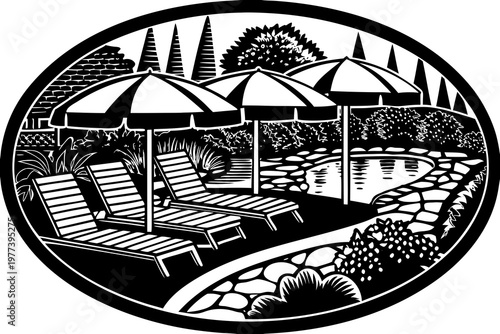 An oval-shaped black and white illustration depicts a sophisticated poolside with paved pathways, umbrellas, lounge chairs, and a tranquil pool surrounded by foliage.