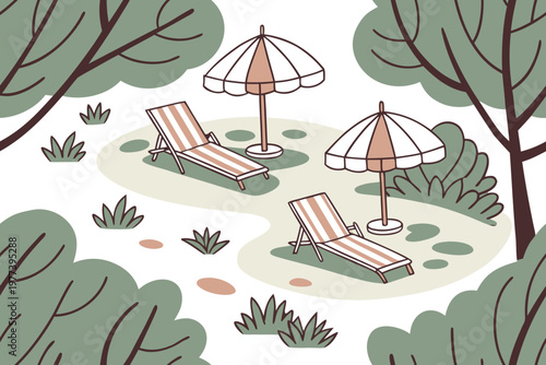 A whimsical doodle-style illustration shows lounge chairs and umbrellas scattered on a grassy lawn amidst stylized trees and bushes, evoking a relaxed outdoor picnic vibe.