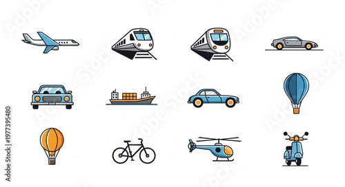 Collection of diverse transportation vehicles and modes of travel.