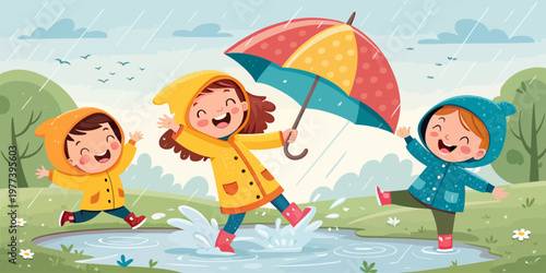 Excited children splashing in puddles with a large umbrella during a rainy day outdoor activity children splashing umbrella childhood outdoors activity daylight seasonal illustration