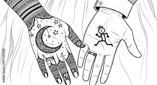 A vector graphic illustration of two hands with henna tattoos and a stick figure drawing