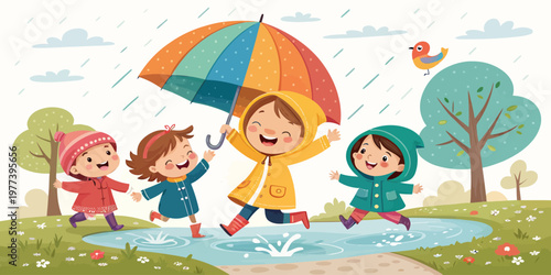 Four joyful children running through puddles under a colorful umbrella in the rain with outdoor activity rainy day children umbrella childhood outdoors activity daylight seasonal illustration