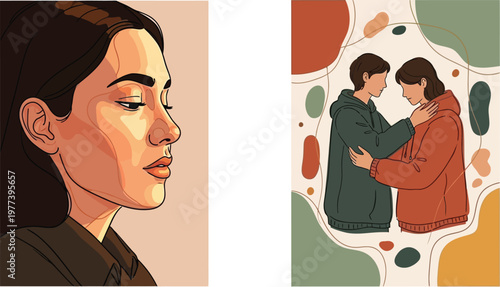 A vector graphic illustration of two separate scenes depicting a woman and two people hugging