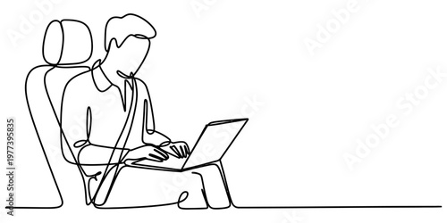 Continuous line drawing of a business man working on a laptop while sitting inside a vehicle seat Vector, illustration