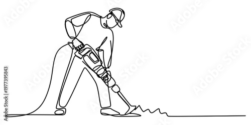 A single continuous line drawing of a construction worker using a jackhammer on a flat surface Vector, illustration
