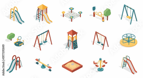 Collection of isometric playground equipment icons on a white background, representing fun and recreation for children.