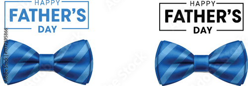 Happy Fathers Day text with blue striped bow tie on white background.