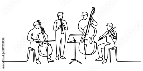 A single continuous line drawing of a small musical ensemble playing classical instruments together Vector, illustration