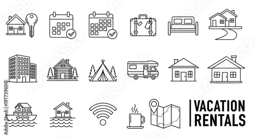 Set of vector line icons for vacation rentals and travel, featuring homes, accommodation, and travel essentials