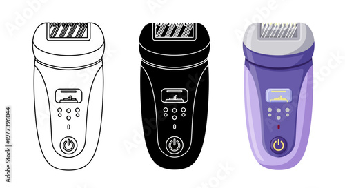 Electric epilator vector set, purple hair removal device for women, professional depilation tool icons in flat and line art style