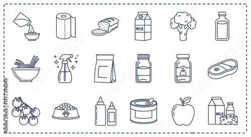 Grocery and supermarket line icons set, 18 food and household product vector symbols, retail shopping and pantry essentials collection