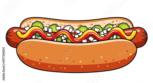 Delicious Cartoon Hot Dog with Mustard, Ketchup, and Toppings