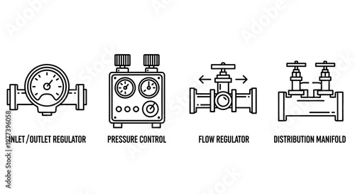 Industrial gas regulator and pressure control icons, set of 4 plumbing valve line vectors, distribution manifold and flow regulator symbols