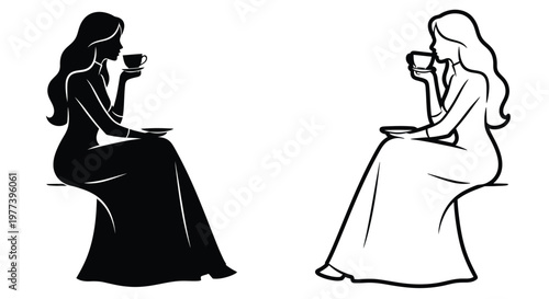 Two women enjoying tea together a striking black silhouette
