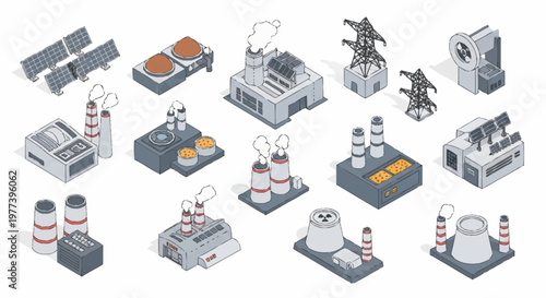 Collection of isometric industrial buildings and power generation facilities.