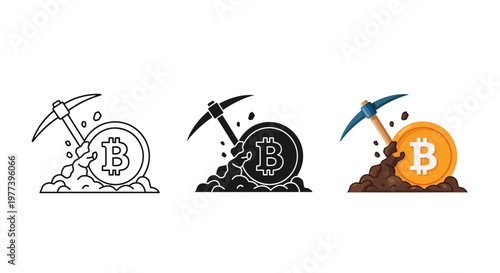 Bitcoin mining icon set with pickaxe and gold coin, cryptocurrency extraction symbols in line and flat styles, digital currency mining vector