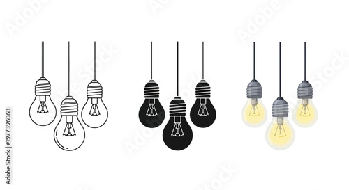 Hanging light bulb vector set, glowing incandescent lamps in outline and silhouette styles, creative idea and innovation concept icons