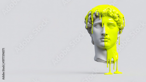 Classical marble sculpture of a male bust with vibrant yellow paint dripping down, set against a plain gray background, showcasing a blend of traditional and modern art styles