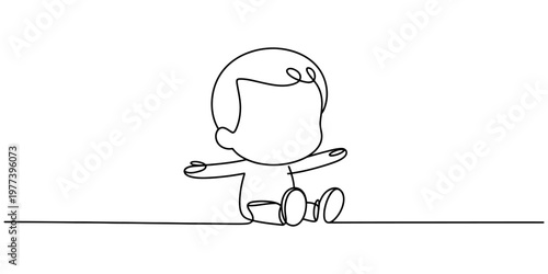 Minimalist continuous single line drawing of a cute baby sitting down with arms reaching outward Vector, illustration