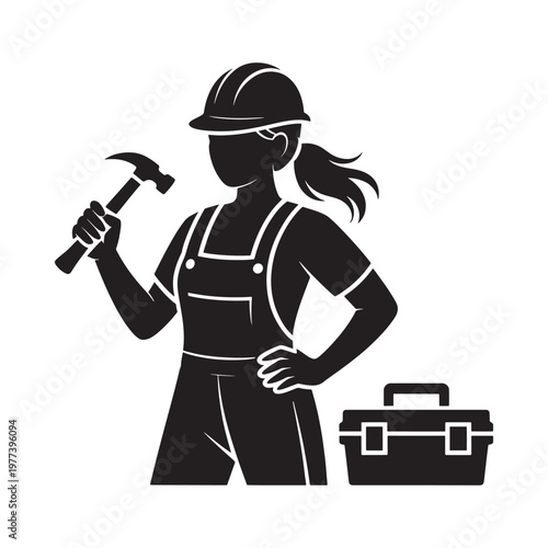 Female construction worker holding hammer toolbox nearby in black and white
