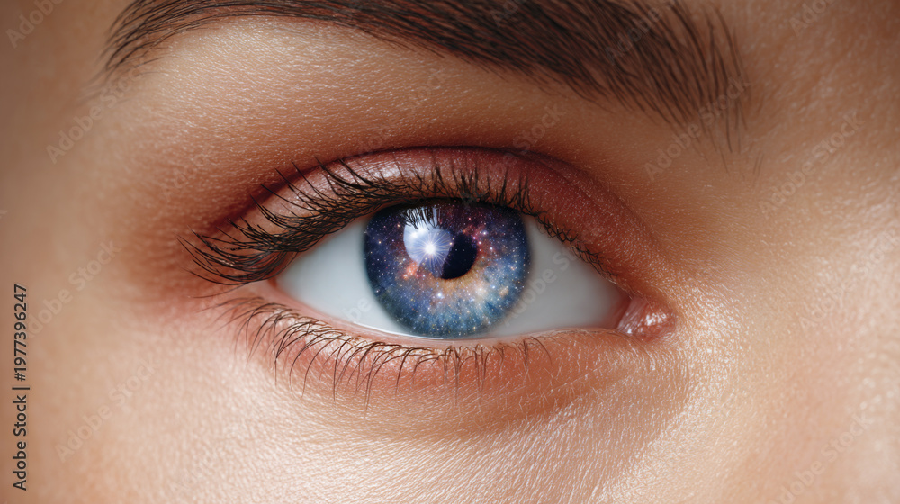 Fototapeta premium Close-up of a human eye with a galaxy pattern in the iris, showcasing intricate details of eyelashes and skin texture, emphasizing the unique cosmic design