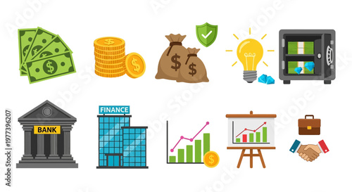Money, Finance, Investment and Banking Icons Featuring Savings, Security, Growth and Business Transactions