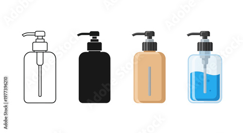 Set of four different types of liquid soap dispensers including outline, black, beige, and transparent blue gel