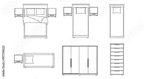 Collection of bedroom furniture illustrations including beds, nightstands, wardrobes, and dressers in top-down view, perfect for interior design concepts and architectural planning