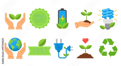 Eco-friendly icons representing sustainability, renewable energy, and environmental conservation