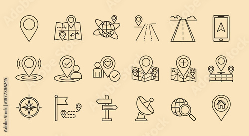 Collection of Icons Representing Navigation, Location, and Travel Services