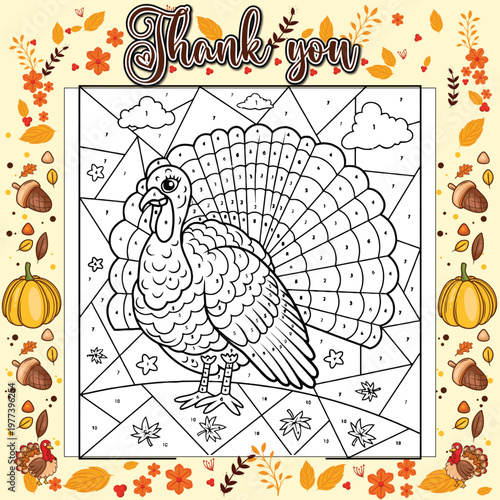 A majestic Thanksgiving turkey with an elaborate fan tail presented as a challenging color by number activity with numerous intricate sections.