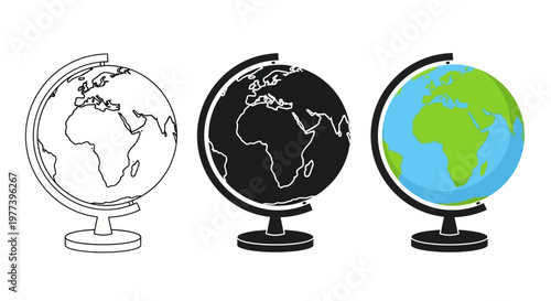 Set of three globes illustrating Earth's continents and oceans in different styles outline, silhouette, and color