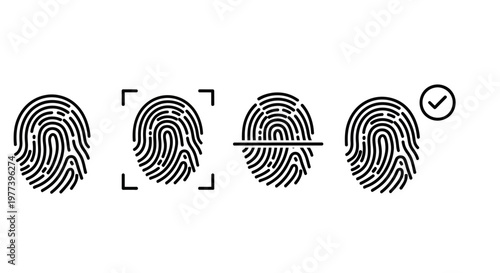 Fingerprint identification icons collection a set of graphic representations for biometric verification and security authentication