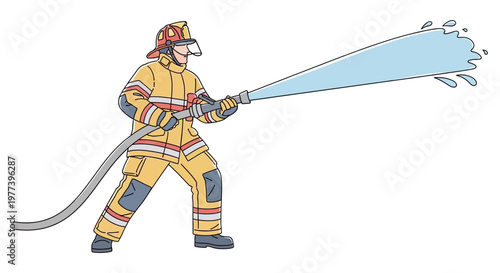 Firefighter spraying water from hose.