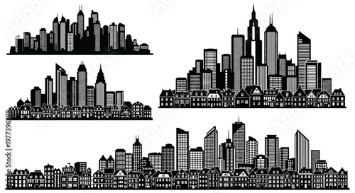 Silhouettes of modern city skylines with skyscrapers and buildings creating an urban cityscape