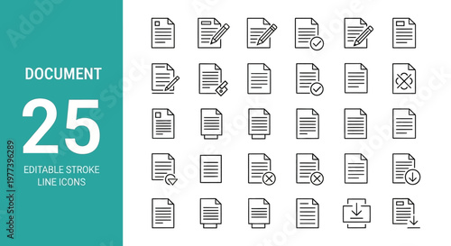 Editable stroke line icon set of document related symbols, depicting various document management and operations for digital platforms and design