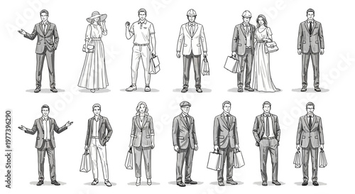 Collection of Hand-Drawn Illustrations Depicting People in Various Professional and Casual Attire